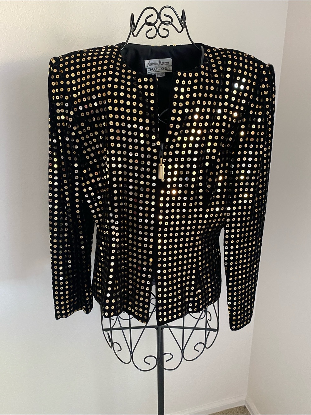 Vintage Neiman Marcus Black Velvet Jacket with Gold Sequin Dot Embellishment